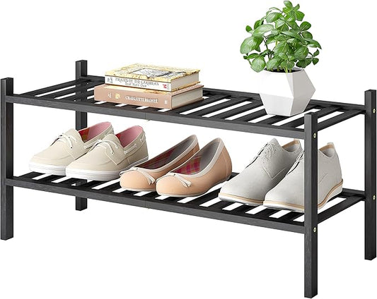Shoe Rack, 2-Tier Bamboo Stackable Shoe Shelf Storage Organizer, Shoe Stand for Closet, Entryway and Hallway