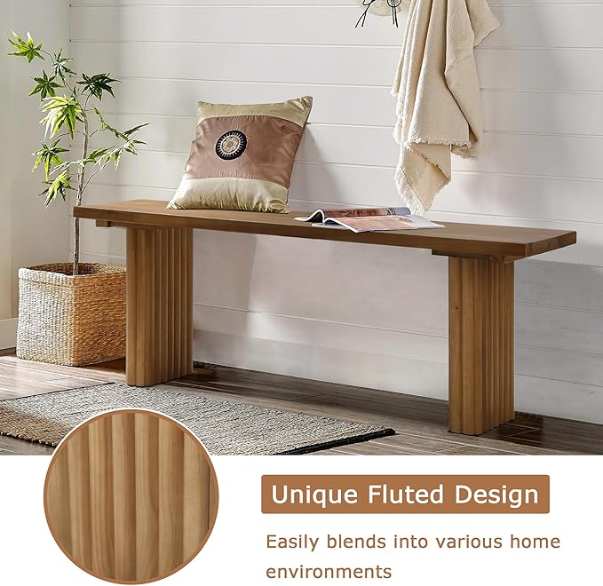 Solid Wood Entryway Bench - 51.2" Fluted Farmhouse Bench, Indoor Long Dining Benches Seat Narrow End of Bed Benches for Entry Way, Kitchen, Living Room and Bedroom, Brown