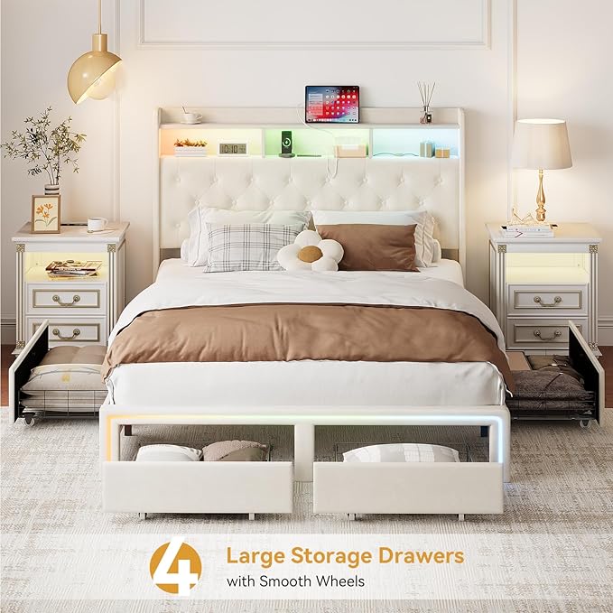 Queen LED Bed Frame with Storage Headboard & Charging Station, Velvet Fabric Platform Bed Frames with 4 Drawers, No Box Spring Needed, Button Tufted Upholstered, Beige