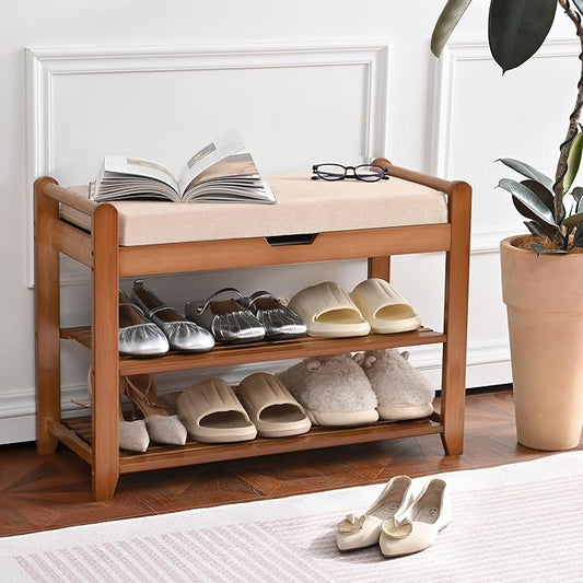 Shoe Rack Bench, Shoe Storage Bench with Cushion, 27.6in Entryway Bench with Lift Top Hidden Storage Holds Up to 330lb for Bedroom Living Room