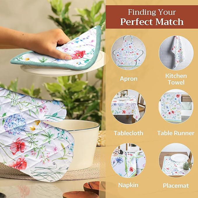 Maison d' Hermine 100% Cotton Oven Mitt & Pot Holder Set (7.5"x13" & 8"x8") Heat Resistant BBQ Cooking Gloves with Loop, Baking, Grilling, Kitchen, Handling Hot Pans Spring/Summer (Just Floral)