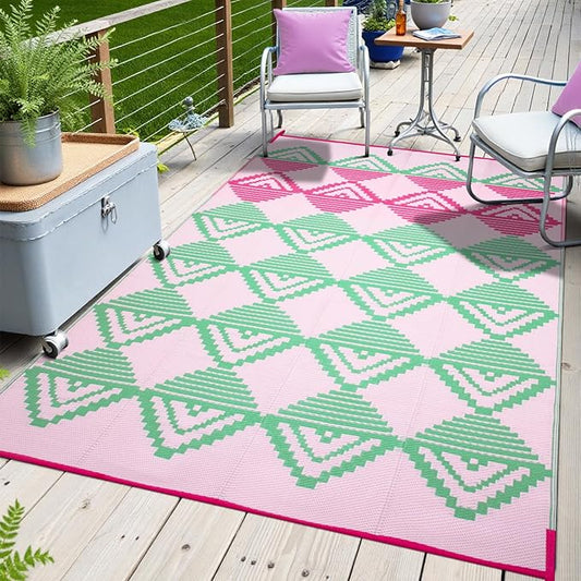 Beeiva Outdoor Rug Waterproof 6x9, Reversible Outdoor Plastic Straw Rug for Camping, Modern Geometric Large Patio Rugs for Porch, Deck, Backyard, Balcony, Picnic - Pink & Green