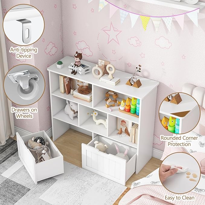 Toy Storage Organizer with Bookshelf, Large Toy Organizers and 2 Movable Drawers with Hidden Wheels and 5 Storage Cubbies, Kids Bookshelf and Toy Storage Chest, Playroom Furniture, White