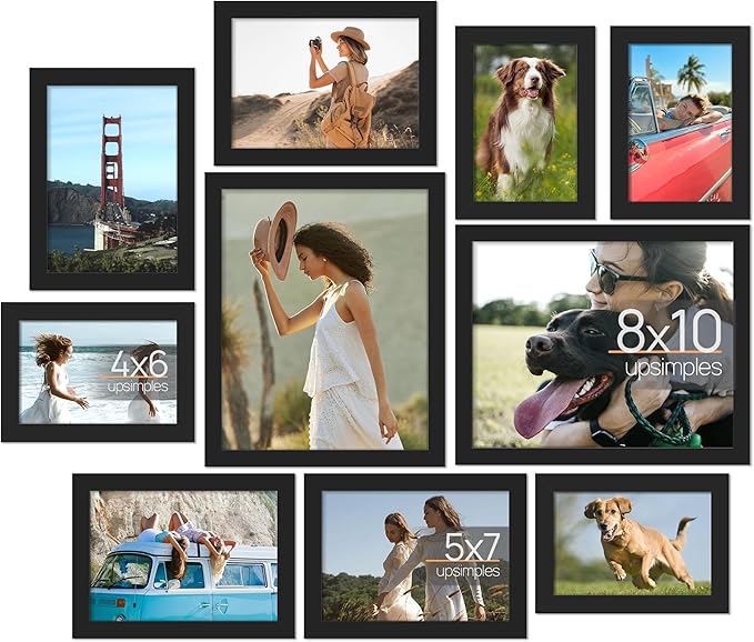 upsimples 10 Pack Picture Frames Collage Wall Decor for Mounting or Tabletop Display, Photo Gallery Frame Set for Family, Multi Sizes Including 8x10, 5x7, 4x6, Black