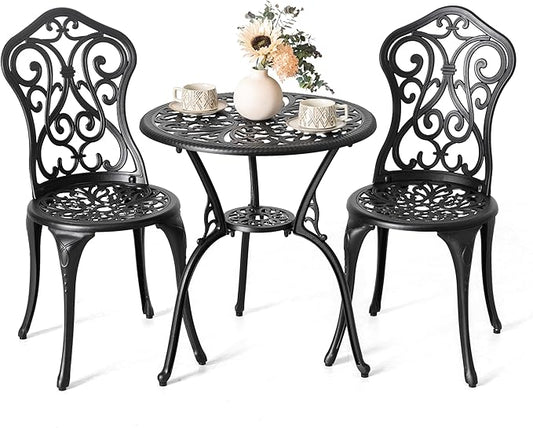NUU GARDEN 3 Pieces Patio Bistro Set, Outdoor Bistro Set with 2 Chairs, Round Table with Umbrella Hole, All-Weather Outdoor Patio Bistro Set for Garden, Lawn, Poolside, Porch, Black