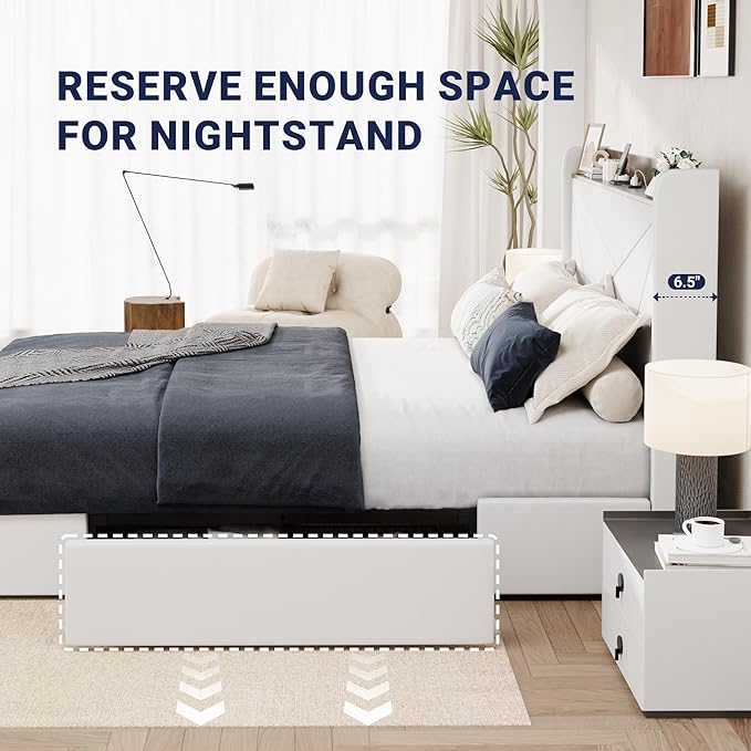Allewie Queen Size Velvet Bed Frame with 3 Storage Drawers, Upholstered Platform Bed with Wingback Storage Headboard and USB Ports, No Box Spring Needed, Easy Assembly, White
