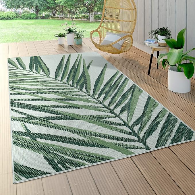 Outdoor Rug Green Beige with Palm Leaf Pattern for Patio Terrace Flat Weave, Size: 2'8" x 4'11"