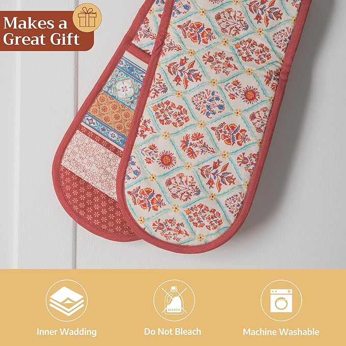 Maison d' Hermine Double Oven Mitt (7" x 35") 100% Cotton Heat Resistant BBQ Cooking Gloves with Loop for Thanksgiving Christmas Decorations Baking Cooking Barbeque Handling Hot Pan (Romane)