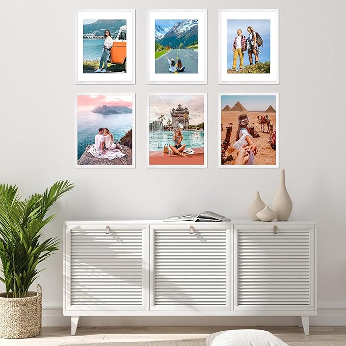 FIXSMITH 11x14 Picture Frame Set of 6, White Photo Frames Bulk with HD Plexiglass, Display Pictures 8x10 with Mat or 11x14 Without Mat, Multi Picture Frames Collage for Wall Decor