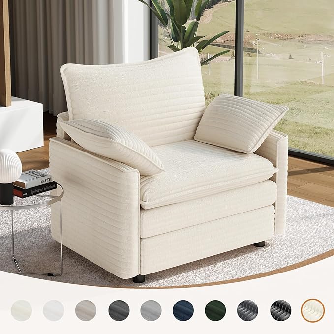 Vesgantti 40" Single Seat Sofa, Comfy Cloud Couch Deep Seat Upholstered Couch Corduroy Modern Sofa with Armrest Pillow, Easy Assembly for Living Room, Bedroom and Apartment, Beige