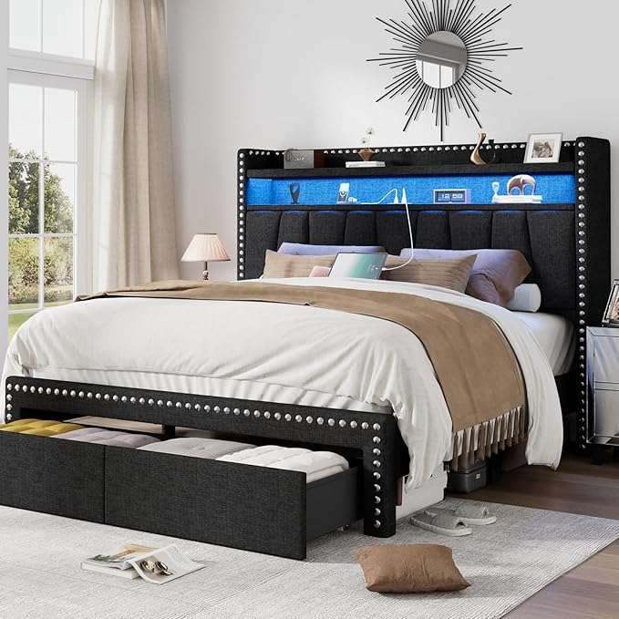 Full Size Bed Frame with Storage Headboard and Drawers Modern Rivets Upholstered Bed Frame with LED Charging Station Full Bedframe No Box Spring Needed