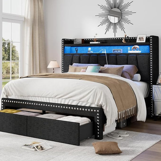 Full Size Bed Frame with Storage Headboard and Drawers Modern Rivets Upholstered Bed Frame with LED Charging Station Full Bedframe No Box Spring Needed