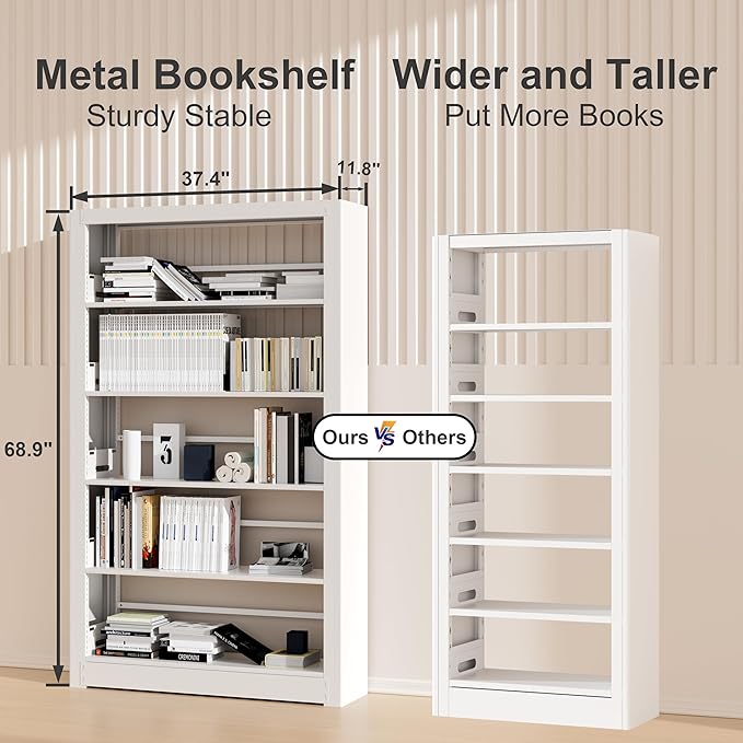 5-Tier Bookshelf, White Bookshelf with Adjustable Storage Shelves, Metal Bookshelf, 69" Tall Bookcase for Living Room, Library, Office, Bedroom, Including Book Stopper，36" Wide Bookshelves