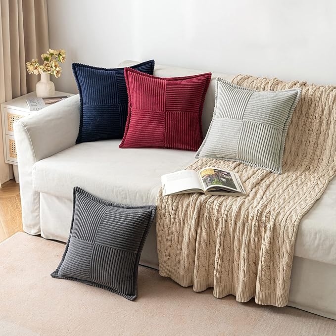 MIULEE Dark Grey Corduroy Pillow Covers 16x16 Inch with Splicing Set of 2 Soft Boho Striped Pillow Covers Broadside Decorative Textured Pillowcases for Couch Cushion Bed Livingroom