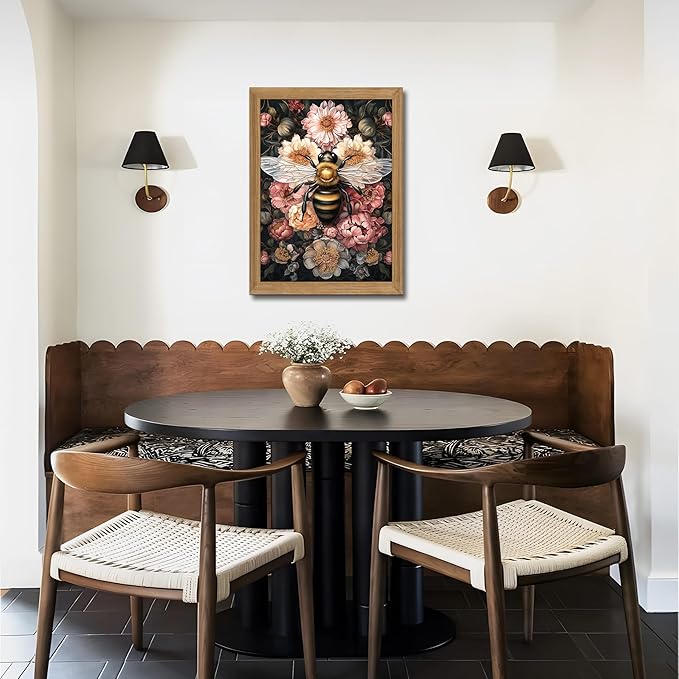 Framed Vintage 3D Textured Wall Art - Dark College Bee Flowers Wall Decor - Hand Drawn Sandstone Nature Botanical Pictures for Living Room Bedroom Home Decor 12x16in