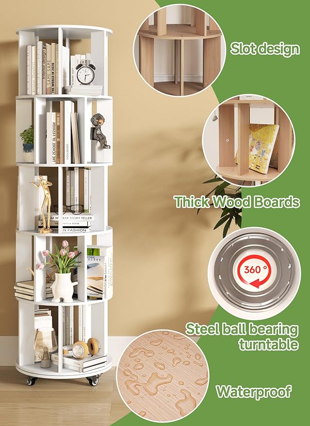 Baoz 5-Tier Rotating Bookshelf Tower, 360° Display Stackable Spinning Bookshelf with Wheels, Floor Standing Corner Revolving Bookcase, Rotating Book Shelf for Kids Rooms, Living Room, Bedroom - White