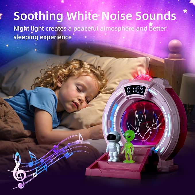 Space Portal Plasma Ball Night Light, LED Galaxy Projector Alien Lamp with White Noise, Bluetooth Music Speaker Alarm Clock,Remote,Star Light for Kids Room Decor Lamp, Christmas/Birthday Gift.(Pink)