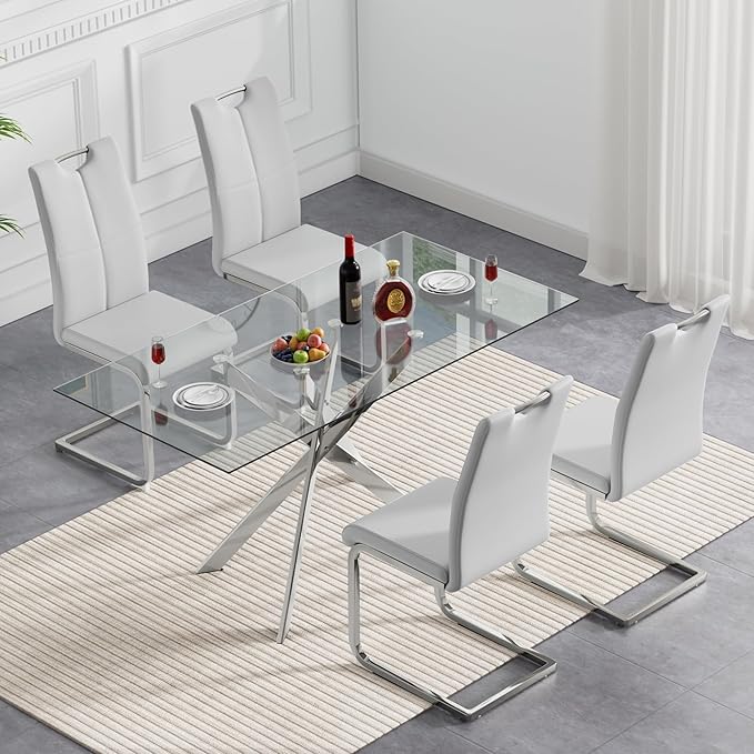 SSLine 51'' Silver Glass Dining Table Set for 4,5 Piece Kitchen Table and Chairs Set with Metal Legs and 4 PU Leather Dining Chairs for Kitchen Room Small Spaces