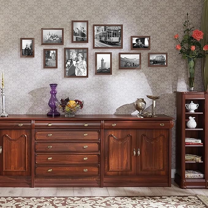 upsimples 10 Pack Picture Frames Collage Wall Decor for Mounting or Tabletop Display, Photo Gallery Frame Set for Family, Multi Sizes Including 8x10, 5x7, 4x6, Brown