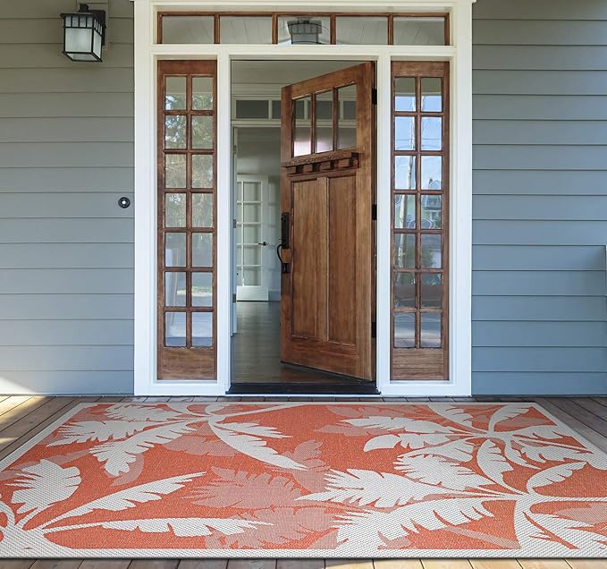 Couristan Monaco Indoor Outdoor Area Rug – Coastal Flora 5'3" x 7'6" in Ivory Orange – Flatwoven, Hose Washable, Pet Friendly Rug for Patio, Porch and Home Decor