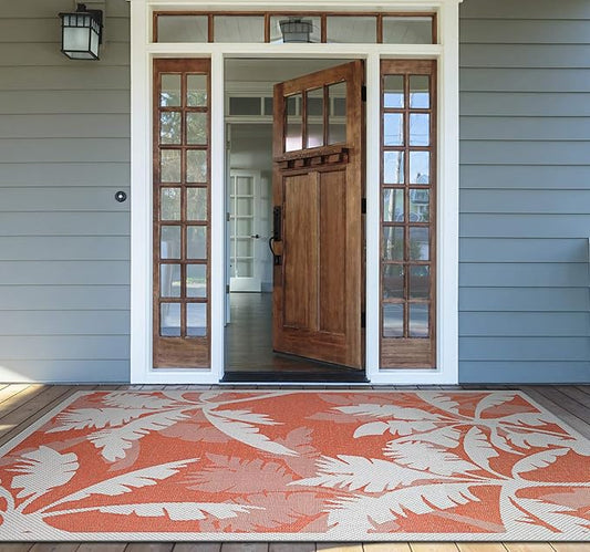 Couristan Monaco Indoor Outdoor Area Rug – Coastal Flora 5'10" x 9'2" in Ivory Orange – Flatwoven, Hose Washable, Pet Friendly Rug for Patio, Porch and Home Decor