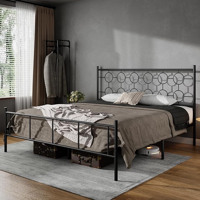 King Size Classic Metal Platform Bed Frame with Headboard and Footboard, Victorian Style Iron Bedframe with 12 inch of Storage Under Frame, Slat Support, No Springs Required, Easy to Assemble (Black)