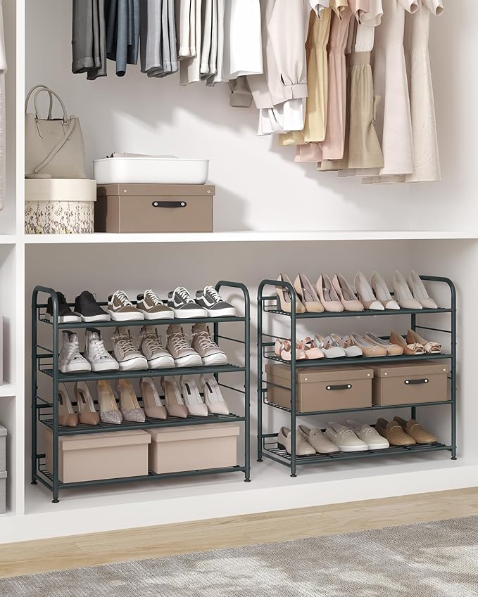 SONGMICS Shoe Rack, 4 Tier Shoe Organizer for Closet, Holds up to 16 Pairs of Shoes, Shoe Rack for Front Door Entrance, Metal Shoe Shelf with Adjustable Tilt Angle, for Entryway, Garage, Grey