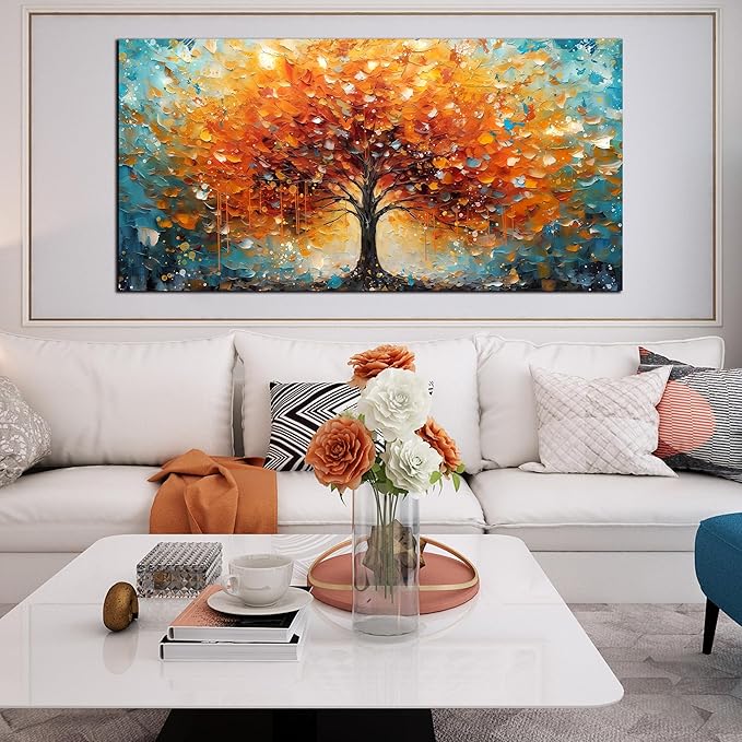 Zoyotago Large Canvas Wall Art Orange Yellow Tree Picture Modern Canvas Prints Ready to Hang for Bedroom Living Room Size 30x60