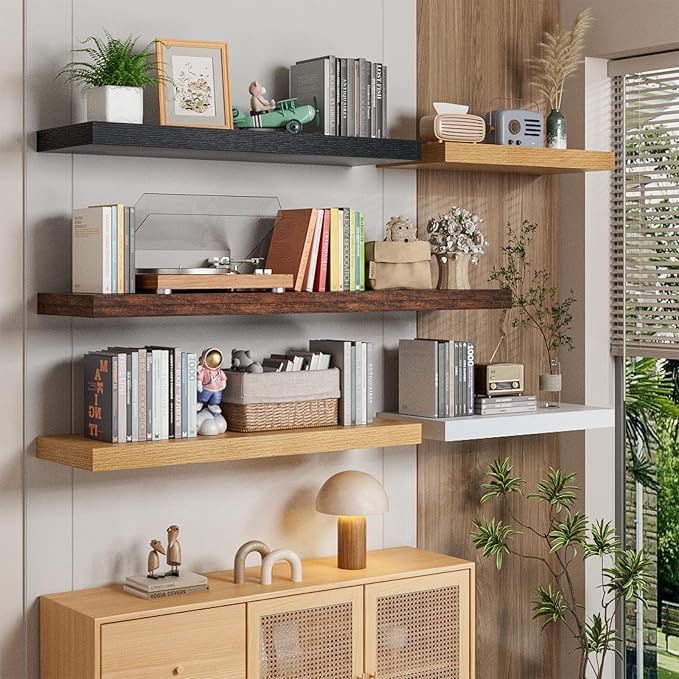 Heimlove 36 Inch Long Floating Shelf for Wall, 12" Deep Black Floating Shelves Wall Shelves for Bedroom Living Room Bedroom, Wall Mounted Shelves for Storage Book Decor, Set of 2