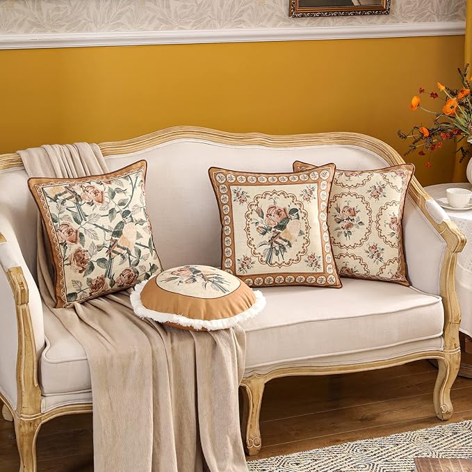 patdrea Designer Vintage Floral Throw Pillow Covers for Couch Set of 2,Brown Linen Pillowcases with Bird and Rose Pattern Decorative Square Cushion for Bed Living Room Outdoor Cafe Car,18"x18"