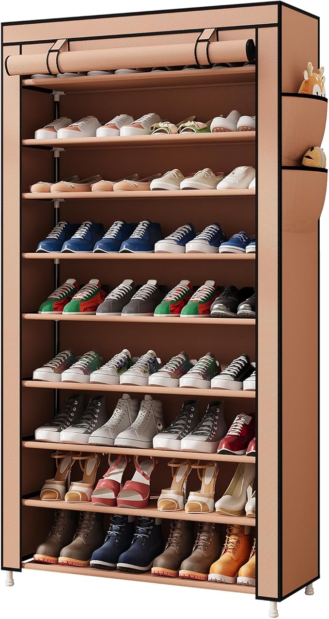 Laiensia 9-Tier Vertical Shoe Rack Organizer, Space Saving Shoe Storage Organizer, Non-Woven Cover Shoe Shelf Holds 36-45 Pairs for Bedroom, Hallway, Closet Entryway, Brown