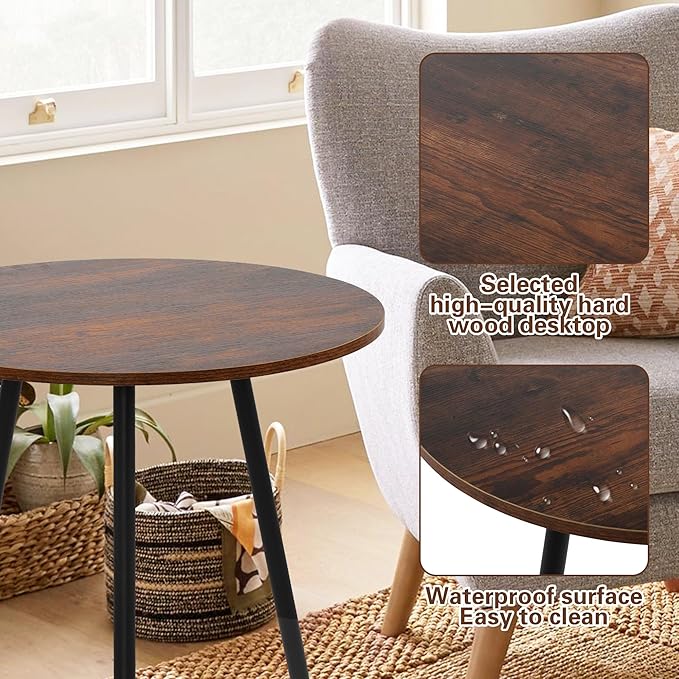 NOBPEINT Round Modern Wooden Side Table, 28 Inches End Table with 3 Metal Legs (Brown)