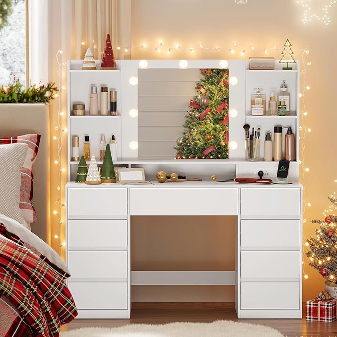VASAGLE Kailyn Collection - Vanity Desk with Mirror and 9 LED Bulbs, Vanity Makeup Table with Power Outlets, Dressing Table with 9 Drawers, for Bedroom, Cloud White URDT141WB01S
