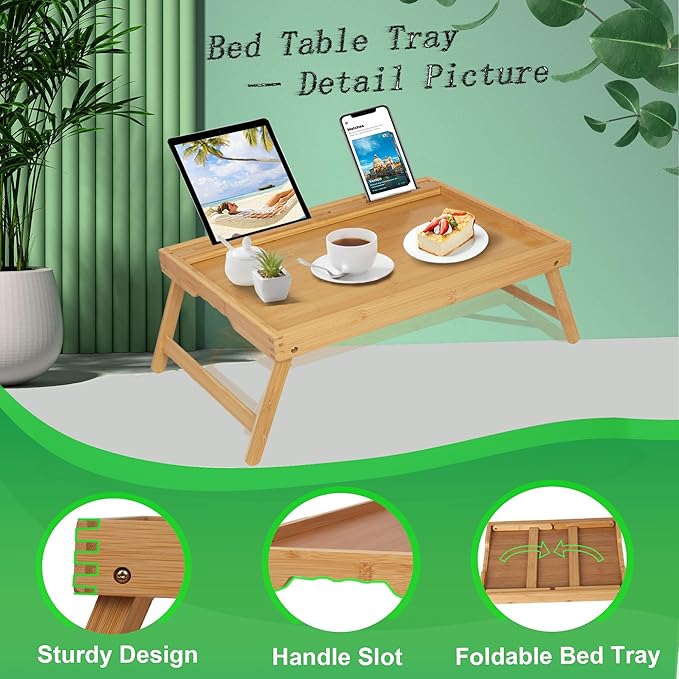 Bed Tray Table with Foldable Legs, Breakfast Food Trays for Eating on Couch with Media Slot for Bed, Eating, TV Tray, Kitchen Serving Tray(Bamboo, Medium)