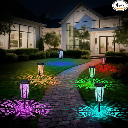 Solar Pathway Landscape Lights 4 Pack, RGB Color Changing+Warm White Outdoor Waterproof Solar Yard Lights for Garden Sideway Outside, Patio, Path, Yard, Walkway, Driveway, 2 Modes
