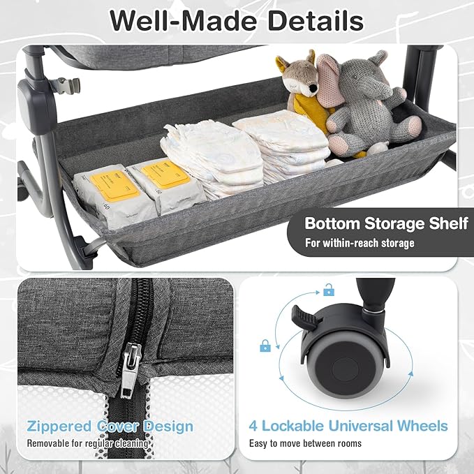 INFANS 3 in 1 Baby Bassinet, Bedside Sleeper with Comfy Mattress, Wheels, 6 Height Adjustable, Storage Basket, Travel Bag, Portable All Mesh Crib for Newborn Infant (Dark Grey)
