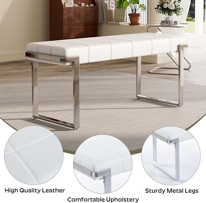 Upholstered Dining Bench, 44.29 Inch Leather Upholstered Bedroom Benches, Entryway Bench for Living Room Kitchen Dining Room(White&Silver)