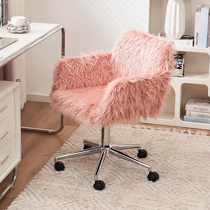 Goujxcy Fluffy Desk Chair, Pink Faux Fur Vanity Chair Swivel Office Chair for Girls Women, Height Adjustable Cute Plush Furry Makeup Chairs for Bedroom Home Office