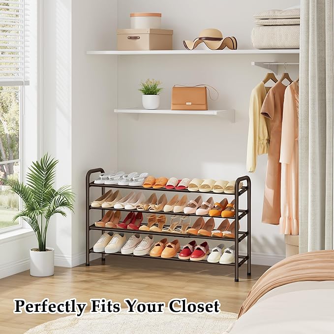 4 Tier Shoe Rack for Closet,Shoe Organizer, 28“ Metal Shelf Can Expandable to 42“, for Bedroom, Entryway, Living Room, Garage, Adjustable to 24 Pairs Shoes, Rustic Brown