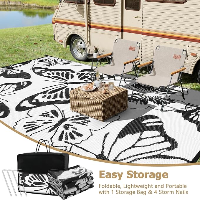 Beeiva Butterfly Outdoor Rug 6x9, Reversible Indoor Outdoor Rugs Waterproof, Lightweight Plastic Patio Rug for Camping, Deck, Balcony, Backyard - Black & White