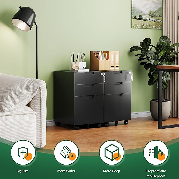 Letaya 3 Drawer Mobile File Cabinet with Lock,Under Desk Metal Small Filing Cabinets for Home Office Organizer Letters/Legal/A4(Fully Assembled Except Wheels-Black)