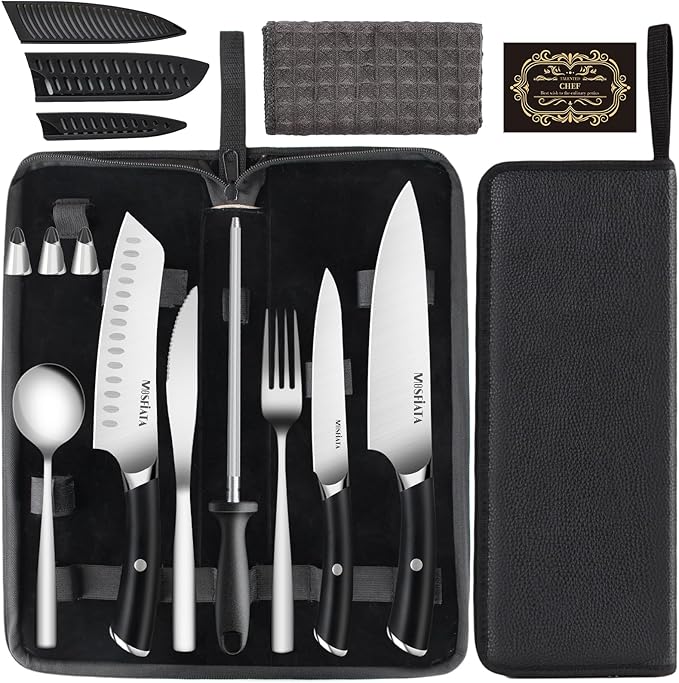 MOSFiATA Kitchen knives set with Carry case Bag,Stainless Steel Chefs Knife Set with Knife Sharpener Rod,Japanese Santoku Knives Set with ABS Handle for Outdoor Travel Camping BBQ