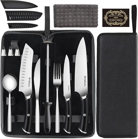 MOSFiATA Kitchen knives set with Carry case Bag,Stainless Steel Chefs Knife Set with Knife Sharpener Rod,Japanese Santoku Knives Set with ABS Handle for Outdoor Travel Camping BBQ