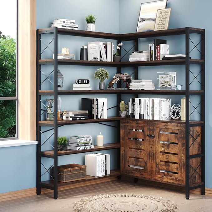 Corner Bookshelves and Bookcases Industrial Corner Etagere Bookcase L Shaped Shelf 6 Tiers with Metal Frame for Living Room Home Office