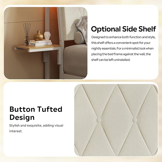 WLIVE Twin Size Upholstered Bed Frame with 2 Side Shelves, Linen Tufted Storage Headboard with Charging Ports and LED Light, Metal Solid and Stable, No Box Spring Needed, Easy Assembly, Beige