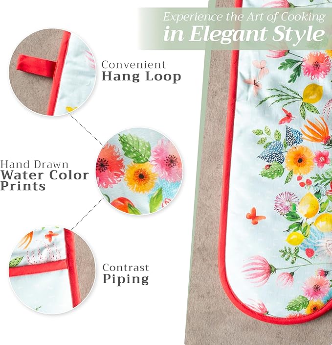 Maison d' Hermine Double Oven Mitts 100% Cotton 7"x35" Double Oven Mitt BBQ Cooking Gloves with Loop, Baking, Grilling, Handling Hot Pans, Jardin D'Ete - Mint - Spring/Summer