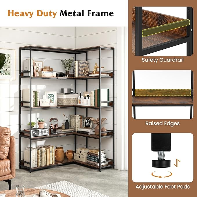 Tangkula Large Corner Bookshelf, 90 Degrees 5-Tier Industrial Wood Open Corner Bookcase for Small Spaces, Heavy-Duty Metal Frame, 71”H L-Shaped Storage Display Rack for Living Room (Rustic Brown)