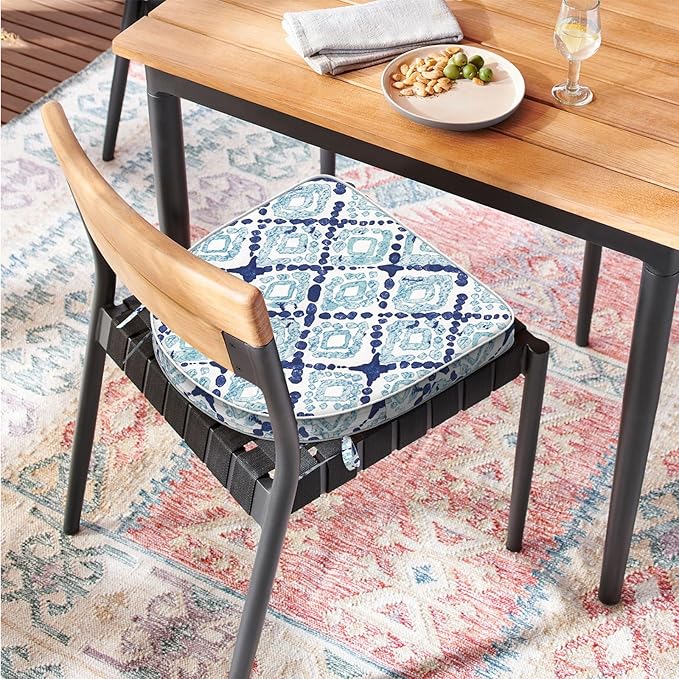 Set of 4 Outdoor Chair Cushions 19"x19"x2",Water Repellent Patio Seat Cushion with Ties and Removable Covers,Dining Chair Cushions for Indoor Kitchen and Patio Furniture,Boho Geometry Blue