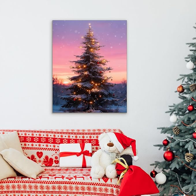 Framed Christmas Pictures Wall Decor,Vintage Pine Tree Prints,Winter Christmas Canvas Wall Art Decoration for Bedroom Bathroom Living Room Rustic Xmas Holiday Gifts (Christmas Tree 10, 16'' X 20'')