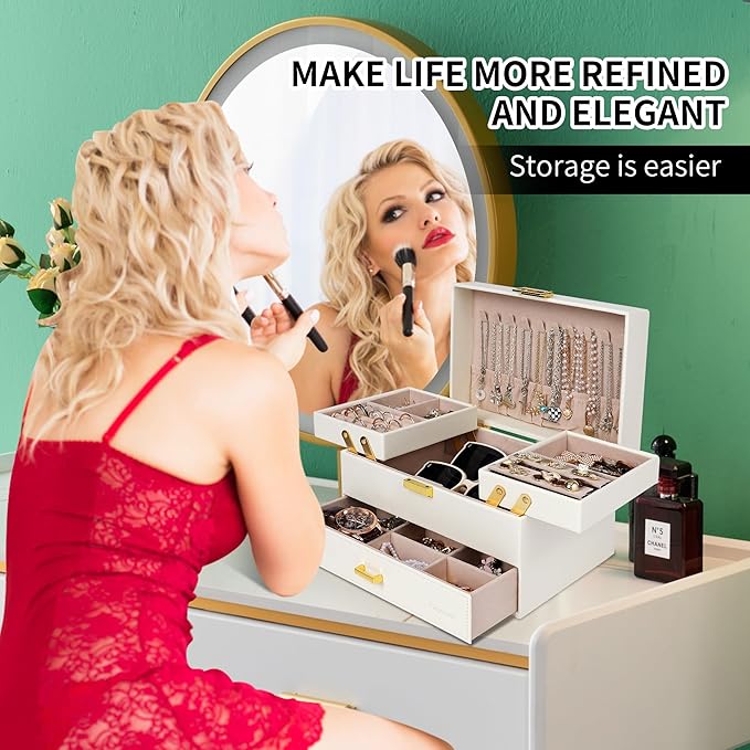 Dajasan Jewelry Box for Women, 3 Layers Large Jewelry Organizer Box, Jewelry Storage Case for Earring, Ring, Necklace, Bracelets (Cloud White + Gold)